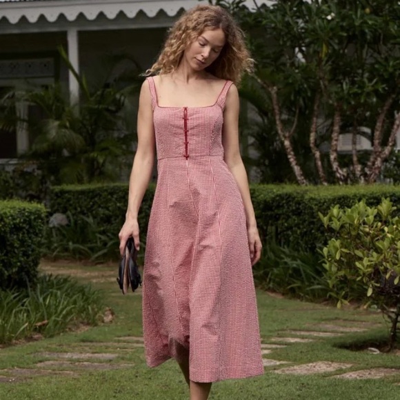 Doen Dresses & Skirts - Doen Delaney Cotton Bow A Line Midi Maxi Dress Red Rouje La Maddalena Gingham